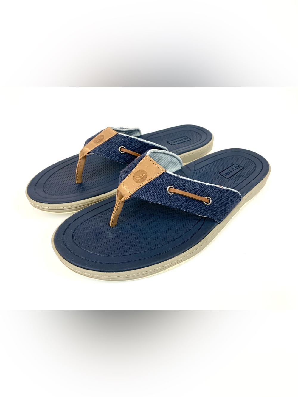 Sperry Baitfish SeaCycled Baja Navy & Tan Canvas Leather-Trim Thong Sandals